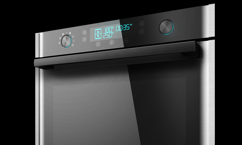 3D render of an oven with a shiny glass surface